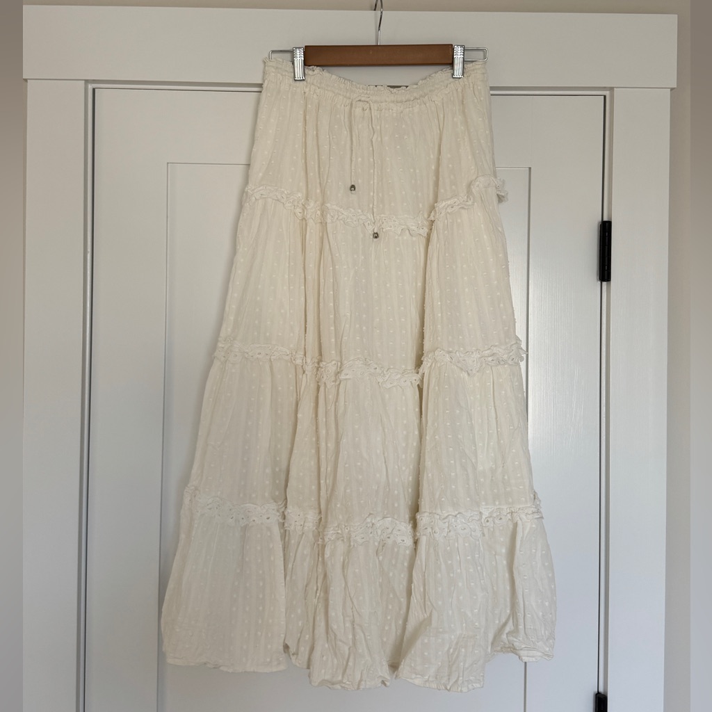 Vici Cream White Swiss Dot Eyelet Midi Skirt